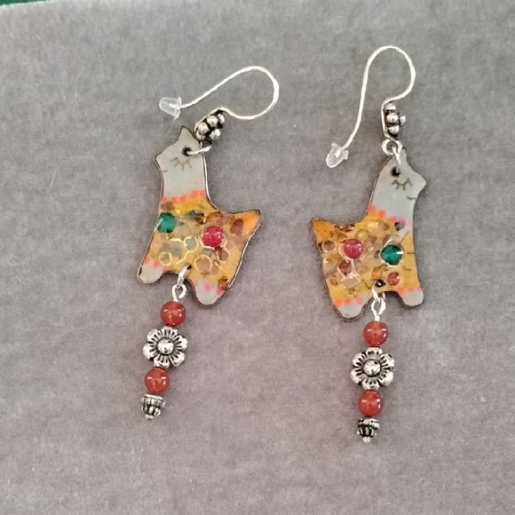 Hand Crafted Jewelry - Hand Crafted Llama Enamel Earrings With Carnelian